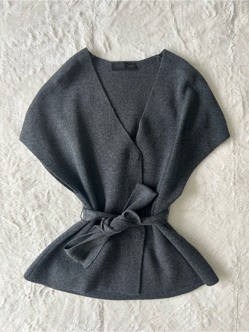 Zara gray wool-blend v-neck belted chic vest cardigan